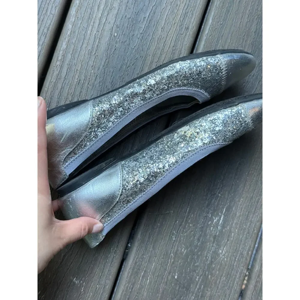 Lands’ End Girl’s US 4M Silver Sparkle Cameron Classic Captoe Ballet Flats Shoes